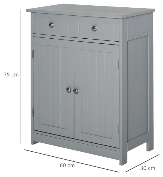 Kleankin Traditional Style Bathroom Storage Cabinet, Free-Standing Unit with 2 Drawers, Cupboard and Adjustable Shelf, 75x60cm, Grey