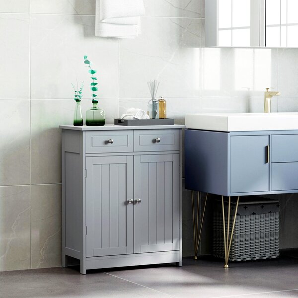 Kleankin Traditional Style Bathroom Storage Cabinet, Free-Standing Unit with 2 Drawers, Cupboard and Adjustable Shelf, 75x60cm, Grey