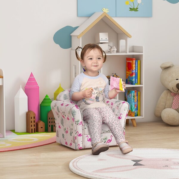 AIYAPLAY Kids Armchair with Flamingo Design, Wooden Frame, for Bedroom, Playroom, Kids Room, Pink Aosom UK