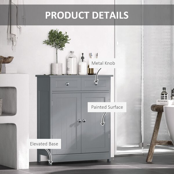 Kleankin Traditional Style Bathroom Storage Cabinet, Free-Standing Unit with 2 Drawers, Cupboard and Adjustable Shelf, 75x60cm, Grey