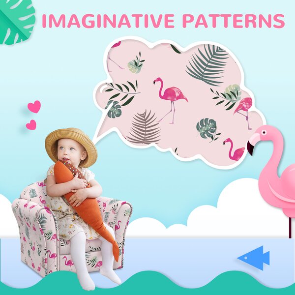 AIYAPLAY Kids Armchair with Flamingo Design, Wooden Frame, for Bedroom, Playroom, Kids Room, Pink Aosom UK