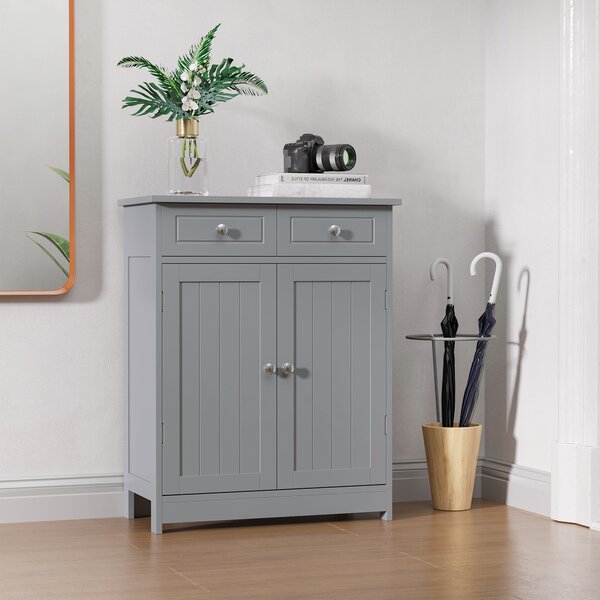 Kleankin Traditional Style Bathroom Storage Cabinet, Free-Standing Unit with 2 Drawers, Cupboard and Adjustable Shelf, 75x60cm, Grey