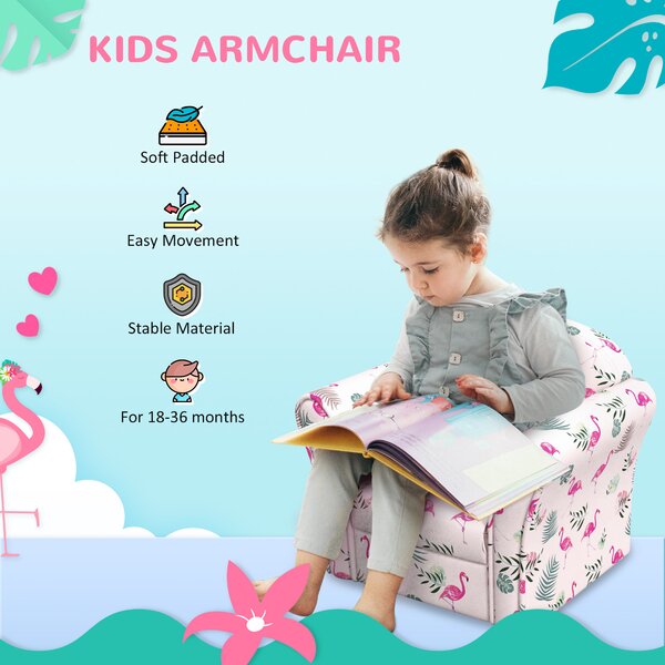 AIYAPLAY Kids Armchair with Flamingo Design, Wooden Frame, for Bedroom, Playroom, Kids Room, Pink Aosom UK