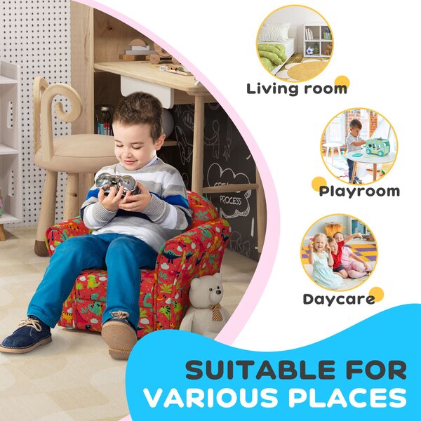 AIYAPLAY Kids Armchair with Dinosaur Design, Wooden Frame, for Bedroom, Playroom, Kids Room, Red Aosom UK