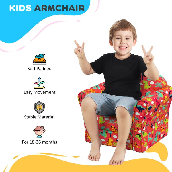 AIYAPLAY Kids Armchair with Dinosaur Design, Wooden Frame, for Bedroom, Playroom, Kids Room, Red Aosom UK