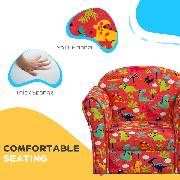 AIYAPLAY Kids Armchair with Dinosaur Design, Wooden Frame, for Bedroom, Playroom, Kids Room, Red Aosom UK
