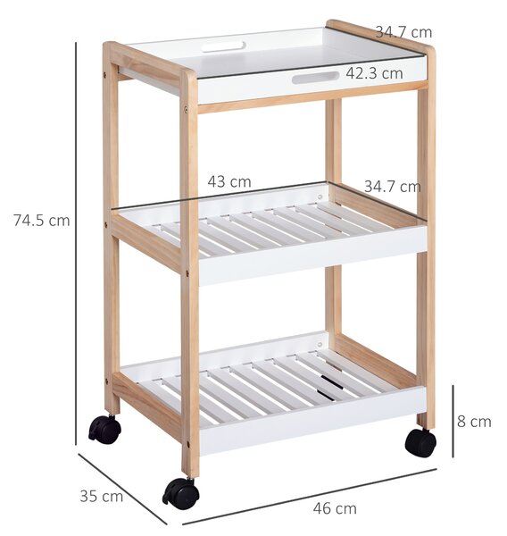 HOMCOM 3-Tier Mobile Kitchen Trolley Cart Storage Shelves Rack Rolling Wheels White 46 x 35 x 74.5 cm