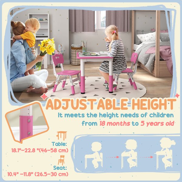 AIYAPLAY Height Adjustable Toddler Table and Chair Set, 3 Pcs Children Activity Table w/ 2 Chairs, for Playroom, Bedroom - Pink Aosom UK