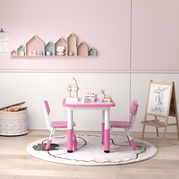 AIYAPLAY Height Adjustable Toddler Table and Chair Set, 3 Pcs Children Activity Table w/ 2 Chairs, for Playroom, Bedroom - Pink Aosom UK