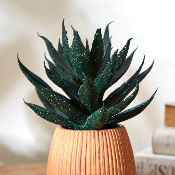 Artificial Cacti in Orange Ribbed Ceramic Plant Pot