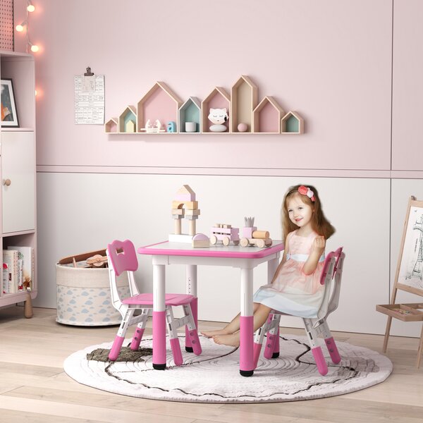 AIYAPLAY Height Adjustable Toddler Table and Chair Set, 3 Pcs Children Activity Table w/ 2 Chairs, for Playroom, Bedroom - Pink Aosom UK