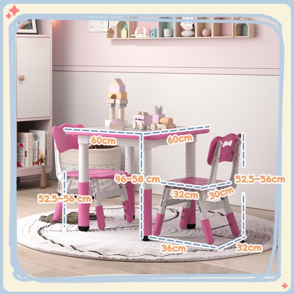 AIYAPLAY Height Adjustable Toddler Table and Chair Set, 3 Pcs Children Activity Table w/ 2 Chairs, for Playroom, Bedroom - Pink Aosom UK