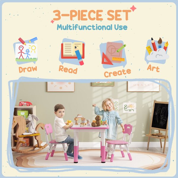 AIYAPLAY Height Adjustable Toddler Table and Chair Set, 3 Pcs Children Activity Table w/ 2 Chairs, for Playroom, Bedroom - Pink Aosom UK