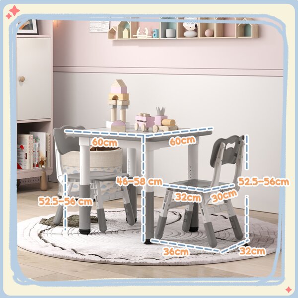 AIYAPLAY Height Adjustable Toddler Table and Chair Set, 3 Pcs Children Activity Table w/ 2 Chairs, for Playroom, Bedroom - Grey Aosom UK