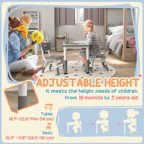 AIYAPLAY Height Adjustable Toddler Table and Chair Set, 3 Pcs Children Activity Table w/ 2 Chairs, for Playroom, Bedroom - Grey Aosom UK