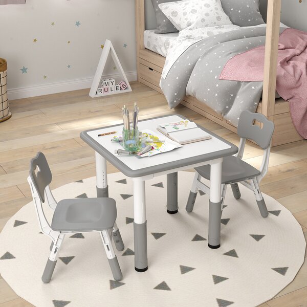 AIYAPLAY Height Adjustable Toddler Table and Chair Set, 3 Pcs Children Activity Table w/ 2 Chairs, for Playroom, Bedroom - Grey Aosom UK