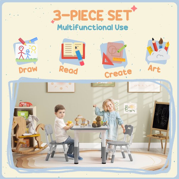 AIYAPLAY Height Adjustable Toddler Table and Chair Set, 3 Pcs Children Activity Table w/ 2 Chairs, for Playroom, Bedroom - Grey Aosom UK