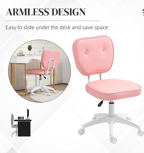Vinsetto Vanity Office Chair, PU Leather Computer Chair for Home, with Adjustable Height, Armless, Swivel Wheels, Pink Aosom UK