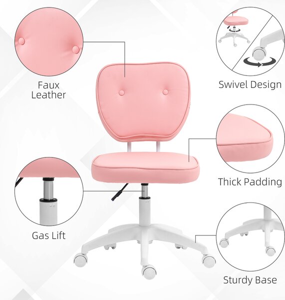 Vinsetto Vanity Office Chair, PU Leather Computer Chair for Home, with Adjustable Height, Armless, Swivel Wheels, Pink Aosom UK