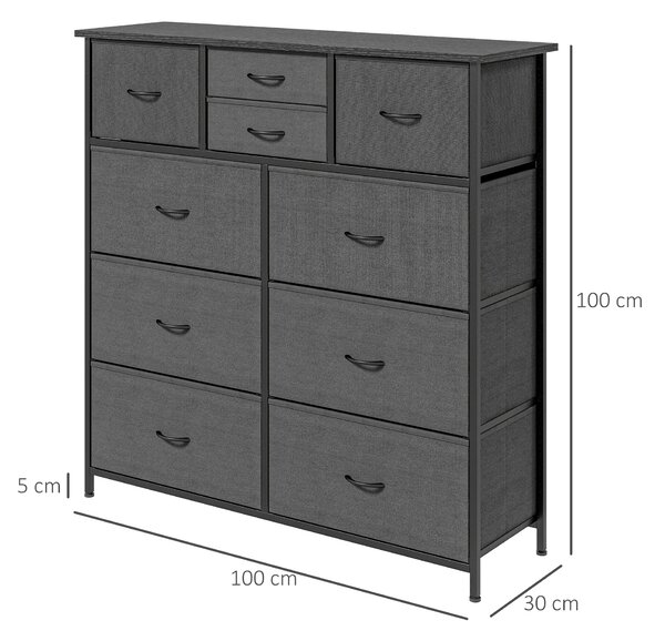 HOMCOM Bedroom Dresser: 10 Fabric Drawers, Steel Frame, Spacious Storage Solution, Ebony Shade