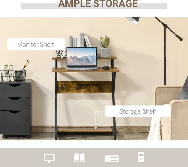 HOMCOM Computer Table with Monitor Shelf & Storage, Compact R-Shaped Workstation for Home Office, Study or Gaming, Rustic Brown Aosom UK