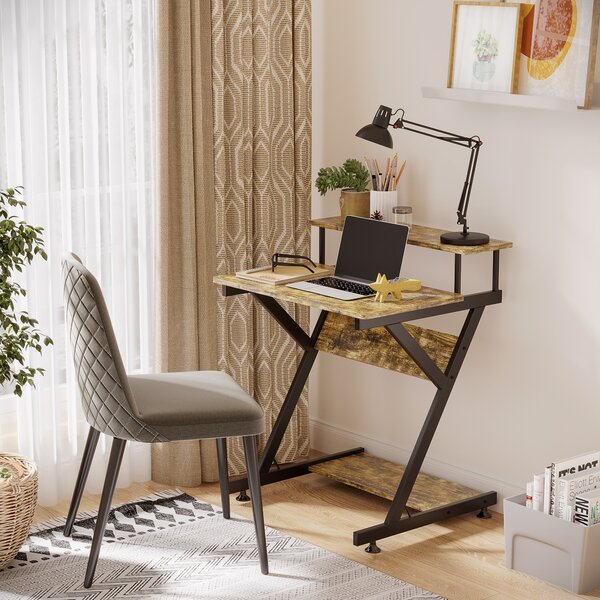 HOMCOM Computer Table with Monitor Shelf & Storage, Compact R-Shaped Workstation for Home Office, Study or Gaming, Rustic Brown Aosom UK