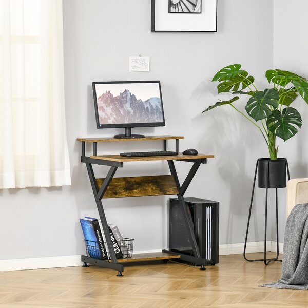 HOMCOM Computer Table with Monitor Shelf & Storage, Compact R-Shaped Workstation for Home Office, Study or Gaming, Rustic Brown Aosom UK