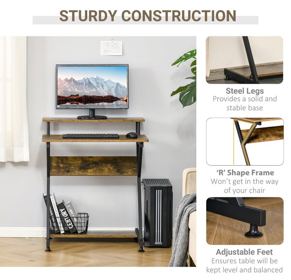 HOMCOM Computer Table with Monitor Shelf & Storage, Compact R-Shaped Workstation for Home Office, Study or Gaming, Rustic Brown Aosom UK