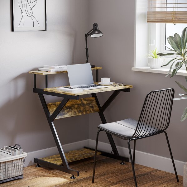 HOMCOM Computer Table with Monitor Shelf & Storage, Compact R-Shaped Workstation for Home Office, Study or Gaming, Rustic Brown Aosom UK