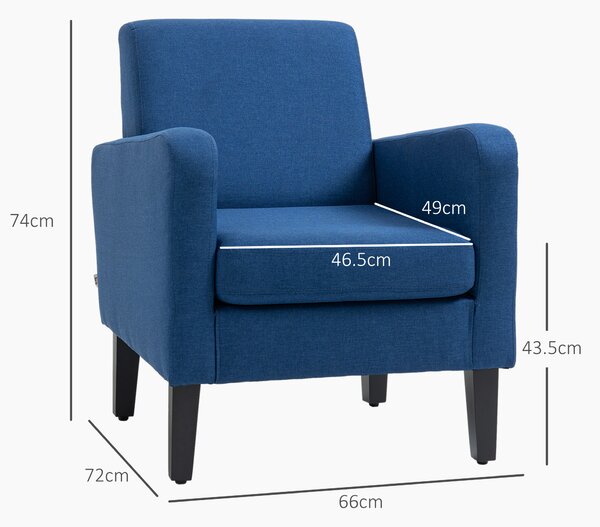 HOMCOM 2 Pieces Modern Armchairs with Rubber Wood Legs, Upholstered Accent Chairs, Single Sofa for Living Room, Bedroom, Blue
