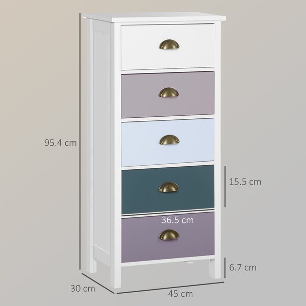 HOMCOM Chest of Drawers, 5-Drawer Dresser with Metal Handle, Slim Storage Organiser Unit for Living Room, Bedroom