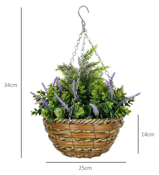 Outsunny 2 PCs Artificial Lisianthus Flower Hanging Planter with Basket for Indoor Outdoor Decoration, Purple