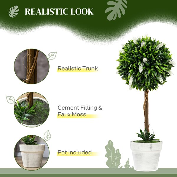 HOMCOM Set of 2 Decorative Artificial Plants Ball Trees with Flower for Home Indoor Outdoor Decor, 60cm ,White