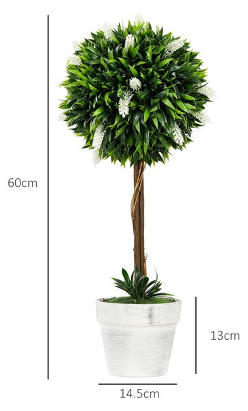 HOMCOM Set of 2 Decorative Artificial Plants Ball Trees with Flower for Home Indoor Outdoor Decor, 60cm ,White