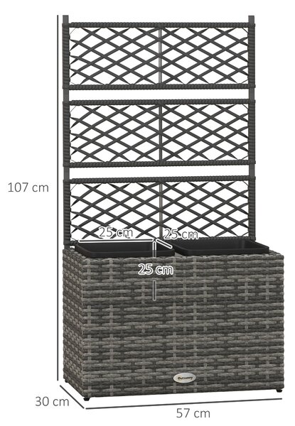 Outsunny 22L Garden PE Rattan Planter w/ Trellis, Free Standing Flower Raised Bed w/ 2 Plant Boxes for Climbing Plants, 57x30x107 cm, Mixed Grey