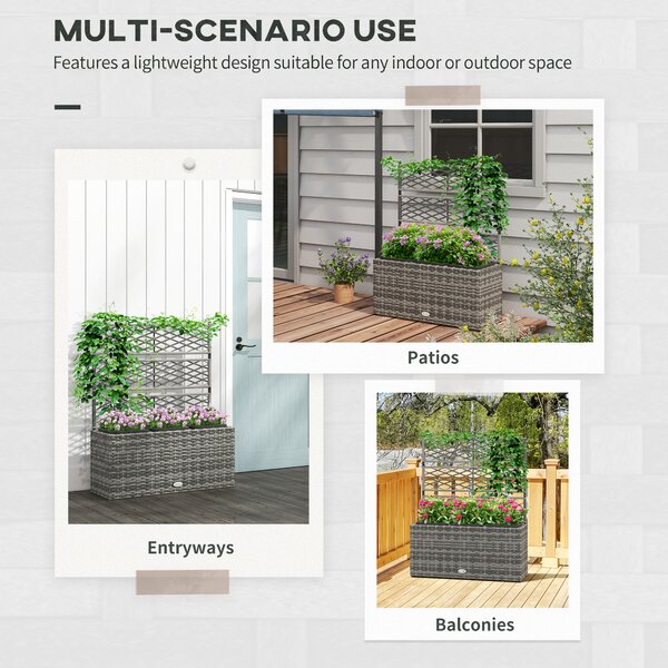 Outsunny Rattan Planter, 33L Raised Garden Bed with Trellis for Climbing Plants, Light Grey, 84 x 30 x 107cm Aosom UK