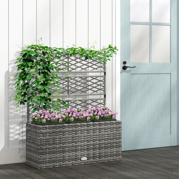 Outsunny Rattan Planter, 33L Raised Garden Bed with Trellis for Climbing Plants, Light Grey, 84 x 30 x 107cm Aosom UK