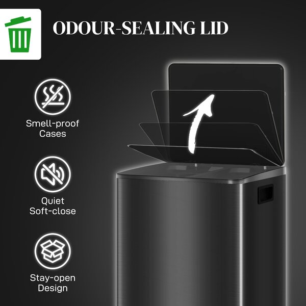 HOMCOM Dual Kitchen Bin, 2 x 30L Double Bin for Recycling and Waste, Stainless Steel Pedal Bin w/ Soft-Close Lid, Removable Inner Buckets Aosom UK