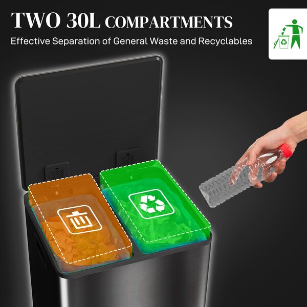 HOMCOM Dual Kitchen Bin, 2 x 30L Double Bin for Recycling and Waste, Stainless Steel Pedal Bin w/ Soft-Close Lid, Removable Inner Buckets Aosom UK