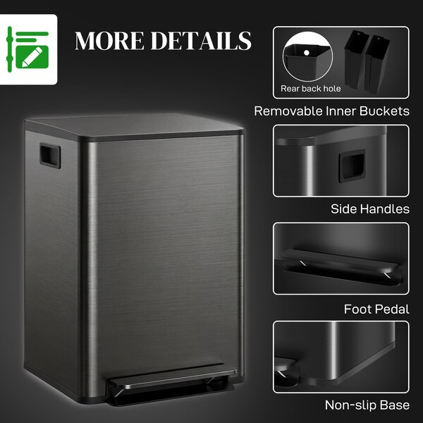 HOMCOM Dual Kitchen Bin, 2 x 30L Double Bin for Recycling and Waste, Stainless Steel Pedal Bin w/ Soft-Close Lid, Removable Inner Buckets Aosom UK