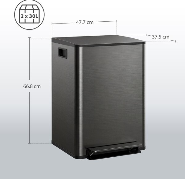 HOMCOM Dual Kitchen Bin, 2 x 30L Double Bin for Recycling and Waste, Stainless Steel Pedal Bin w/ Soft-Close Lid, Removable Inner Buckets Aosom UK