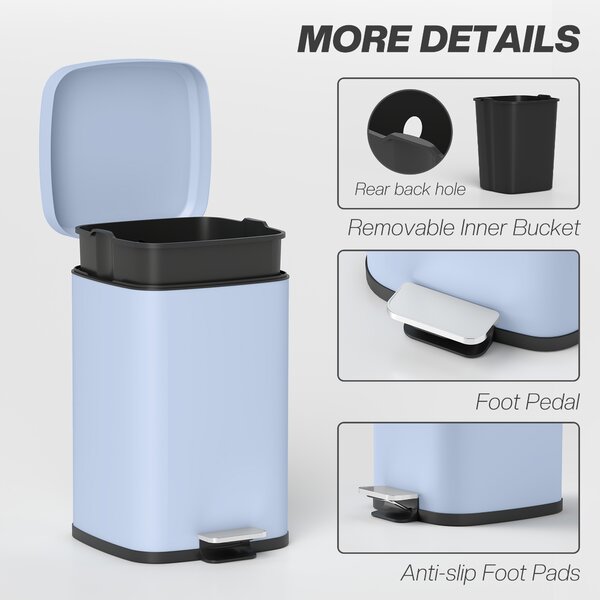 HOMCOM 20 Litre Pedal Bin, Fingerprint Proof Kitchen Bin with Soft-close Lid, Metal Rubbish Bin with Foot Pedal, Light Blue Aosom UK