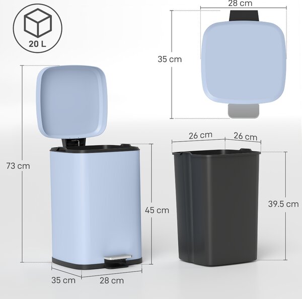 HOMCOM 20 Litre Pedal Bin, Fingerprint Proof Kitchen Bin with Soft-close Lid, Metal Rubbish Bin with Foot Pedal, Light Blue Aosom UK