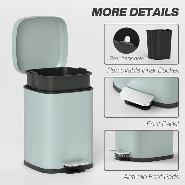 HOMCOM 12 Litre Pedal Bin, Fingerprint Proof Kitchen Bin, Metal Rubbish Bin w/ Soft-close Lid, Foot Pedal & Removable Inner Bucket Aosom UK