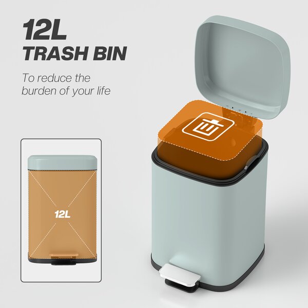 HOMCOM 12 Litre Pedal Bin, Fingerprint Proof Kitchen Bin, Metal Rubbish Bin w/ Soft-close Lid, Foot Pedal & Removable Inner Bucket Aosom UK