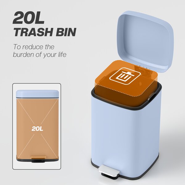 HOMCOM 20 Litre Pedal Bin, Fingerprint Proof Kitchen Bin with Soft-close Lid, Metal Rubbish Bin with Foot Pedal, Light Blue Aosom UK