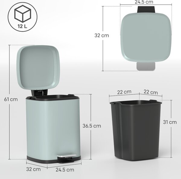 HOMCOM 12 Litre Pedal Bin, Fingerprint Proof Kitchen Bin, Metal Rubbish Bin w/ Soft-close Lid, Foot Pedal & Removable Inner Bucket Aosom UK