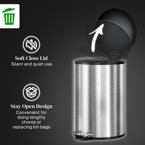 HOMCOM 20 Litre Kitchen Bin, Stainless Steel Pedal Bin with Soft-Close Lid, Fingerprint Proof Cylindrical Rubbish Bin w/ Foot Pedal Aosom UK