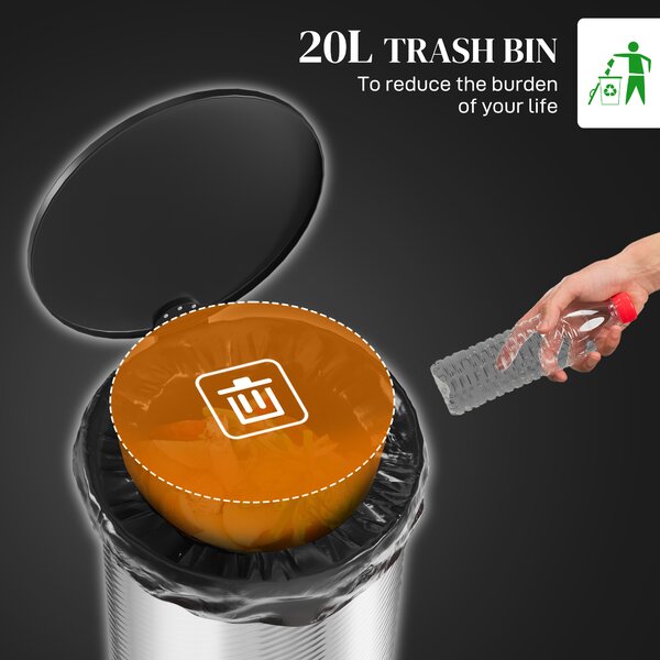 HOMCOM 20 Litre Kitchen Bin, Stainless Steel Pedal Bin with Soft-Close Lid, Fingerprint Proof Cylindrical Rubbish Bin w/ Foot Pedal Aosom UK