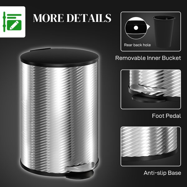 HOMCOM 20 Litre Kitchen Bin, Stainless Steel Pedal Bin with Soft-Close Lid, Fingerprint Proof Cylindrical Rubbish Bin w/ Foot Pedal Aosom UK